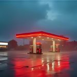 Gas station on a rainy day with wet pavement, overcast skies, and underground fuel tanks at risk of water intrusion.