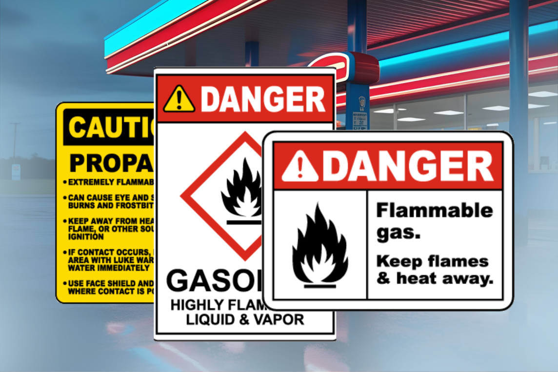 Safety signs at a fuel station reminding staff and customers of rainy day safety precautions